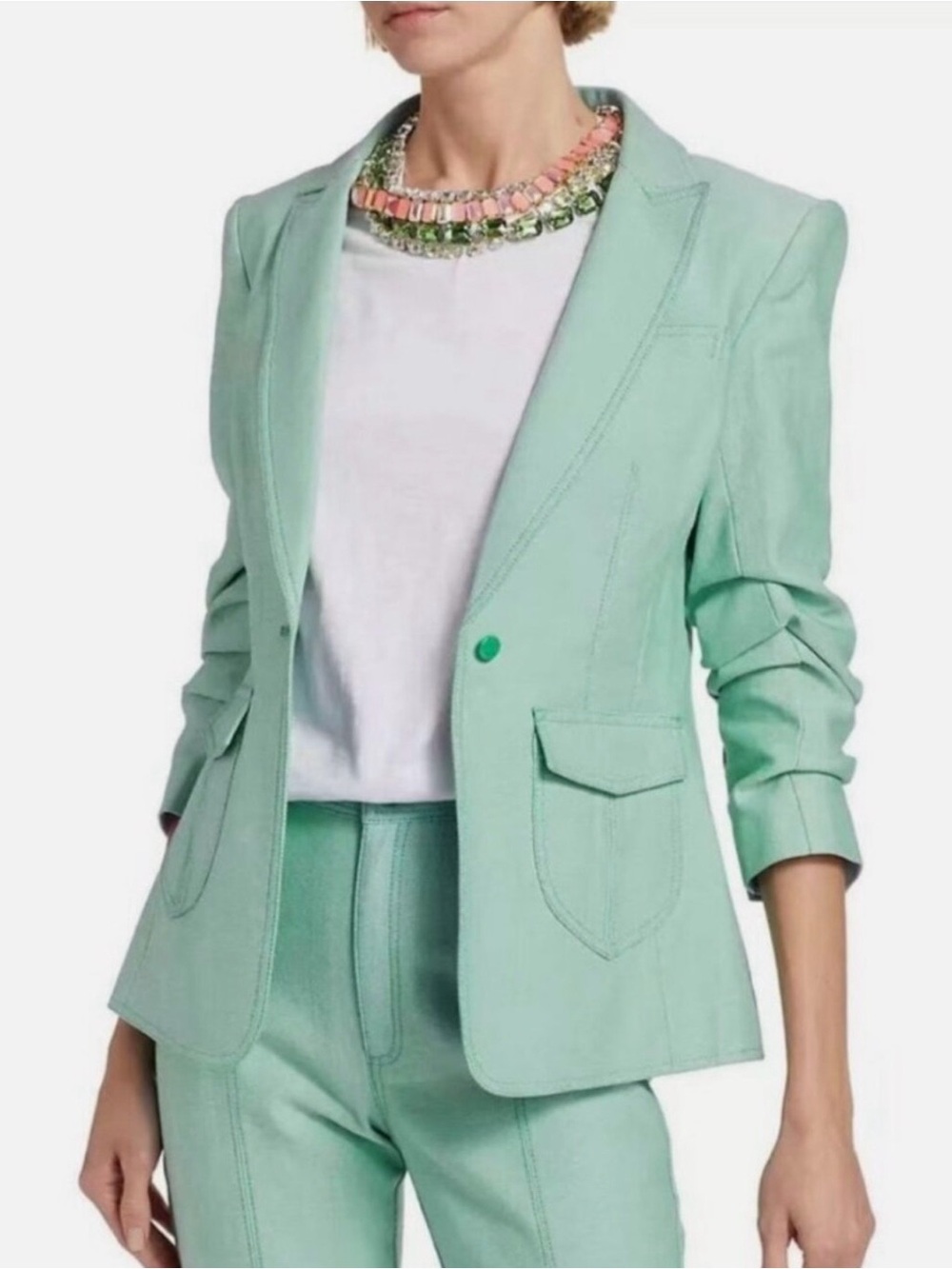Cinq a Sept Louisa Peak Stretch Ruched Sleeve Blazer in Marine Green